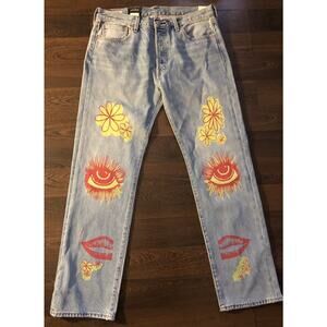 NWT RARE LEVIS PREMIUM 501 Jeans Size 34x34 Hippie Love Peace Groovy Flower $128